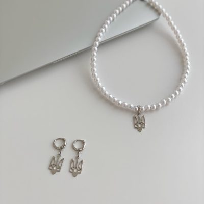 Набір чокер і сережки з срібного кольору герби з медом. стали